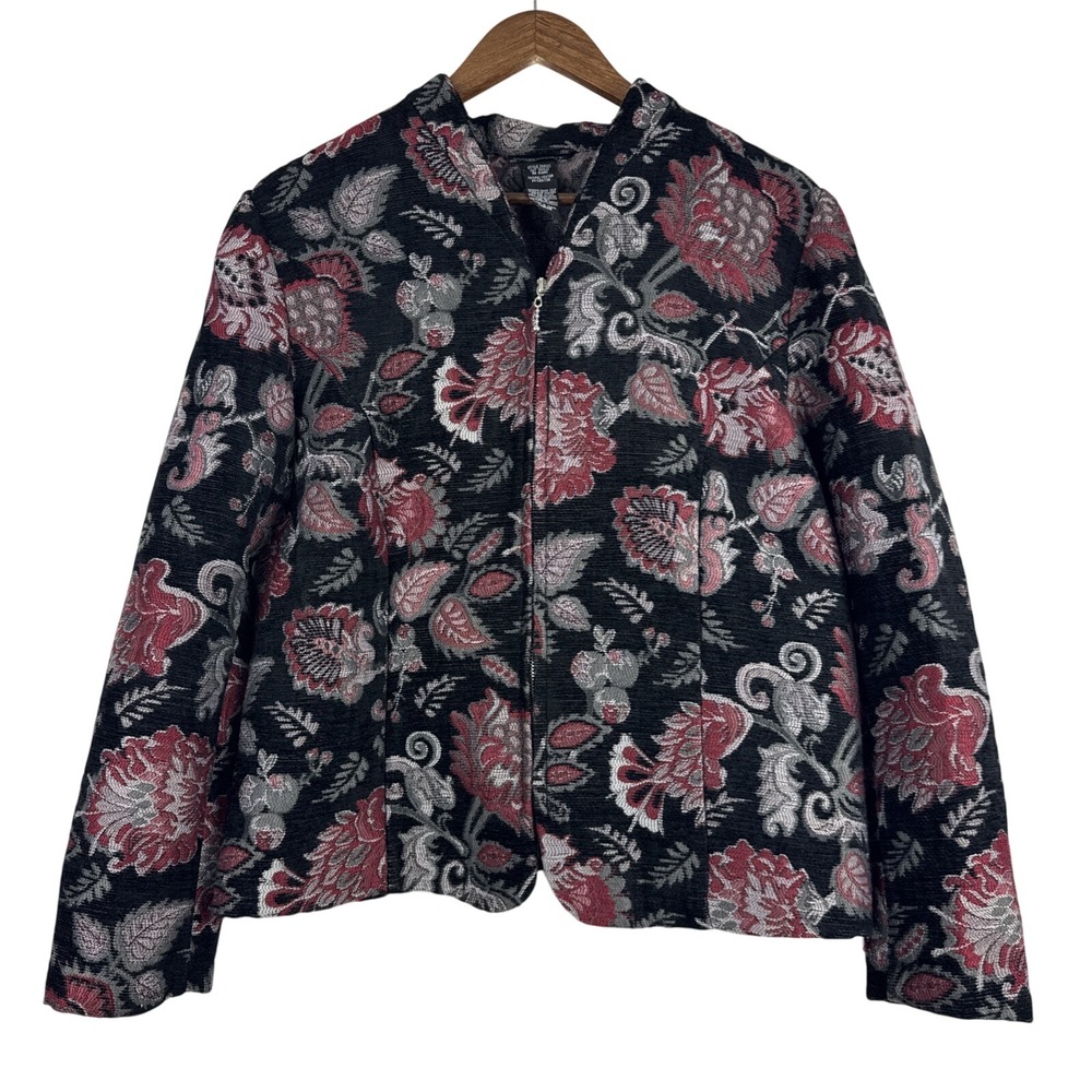 Portrait Tapestry Jacket Women Large Red Black Floral Zip Up Dark Romantic Artsy